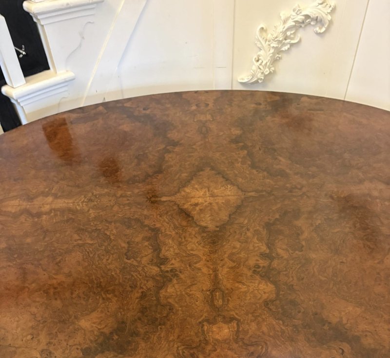 Quality Antique Victorian Burr Walnut Oval 6 Seater Dining Table on Carved Pedestal Base - Image 7